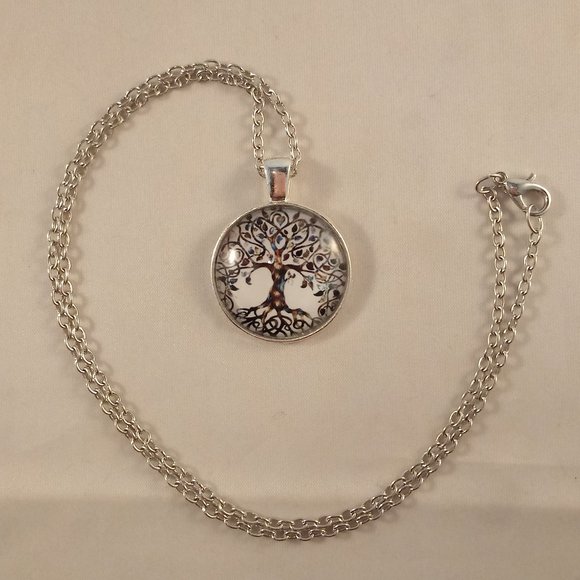 Silver Tree of Life Cabochon Pendant Necklace 20" Party Gift - Picture 4 of 4